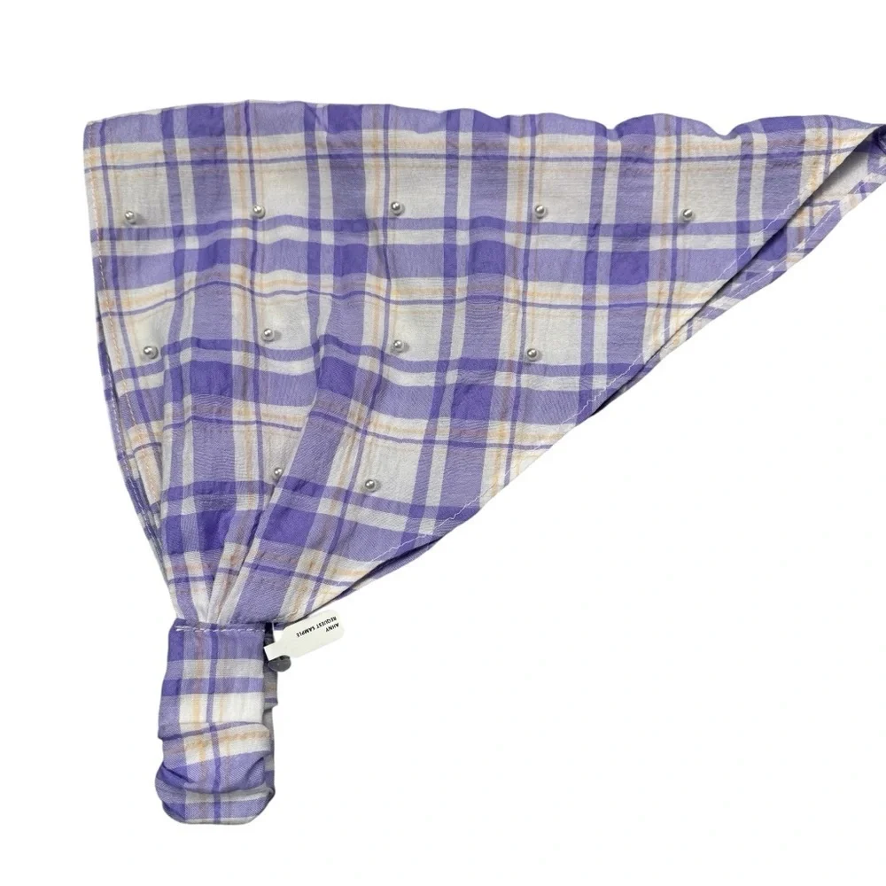 New Anthropologie Purple Plaid Pearl Embellished Hair Scarf